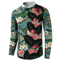 Hawaiian Taro Leaves and Ohia Lehua Button Sweatshirt Polynesian Tribal Art Tropical Plants Motifs Colorful