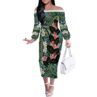 Hawaiian Taro Leaves and Ohia Lehua Family Matching Off The Shoulder Long Sleeve Dress and Hawaiian Shirt Polynesian Tribal Art Tropical Plants Motifs Colorful LT03 Mom's Dress Multicolor - Polynesian Pride