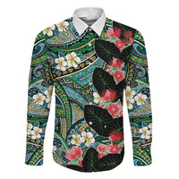 Hawaiian Taro Leaves and Ohia Lehua Family Matching Off Shoulder Maxi Dress and Hawaiian Shirt Polynesian Tribal Art Tropical Plants Motifs Colorful LT03 Dad's Shirt - Long Sleeve Multicolor - Polynesian Pride