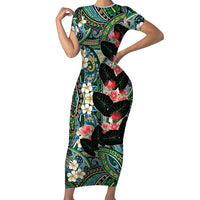 Hawaiian Taro Leaves and Ohia Lehua Family Matching Short Sleeve Bodycon Dress and Hawaiian Shirt Polynesian Tribal Art Tropical Plants Motifs Colorful LT03 Mom's Dress Multicolor - Polynesian Pride