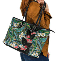 Hawaiian Taro Leaves and Ohia Lehua Leather Tote Bag Polynesian Tribal Art Tropical Plants Motifs Colorful LT03 - Polynesian Pride