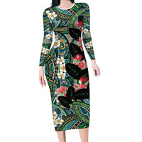 Hawaiian Taro Leaves and Ohia Lehua Long Sleeve Bodycon Dress Polynesian Tribal Art Tropical Plants Motifs Colorful LT03 Long Dress Multicolor - Polynesian Pride