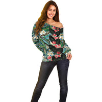 Hawaiian Taro Leaves and Ohia Lehua Off Shoulder Sweater Polynesian Tribal Art Tropical Plants Motifs Colorful LT03 - Polynesian Pride