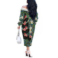 Hawaiian Taro Leaves and Ohia Lehua Off The Shoulder Long Sleeve Dress Polynesian Tribal Art Tropical Plants Motifs Colorful LT03 - Polynesian Pride
