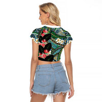 Hawaiian Taro Leaves and Ohia Lehua Raglan Cropped T Shirt Polynesian Tribal Art Tropical Plants Motifs Colorful LT03 - Polynesian Pride