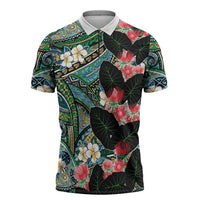 Hawaiian Taro Leaves and Ohia Lehua Zipper Polo Shirt Polynesian Tribal Art Tropical Plants Motifs Colorful LT03 Multicolor - Polynesian Pride