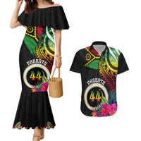 Personalised Vanuatu 44th Anniversary Couples Matching Mermaid Dress and Hawaiian Shirt Boars Tusk Tugeta Yumi Selebretem Indipendens Dei LT03 Black - Polynesian Pride