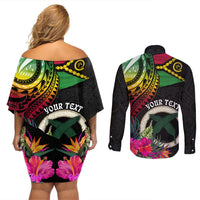 Personalised Vanuatu 44th Anniversary Couples Matching Off Shoulder Short Dress and Long Sleeve Button Shirt Boars Tusk Tugeta Yumi Selebretem Indipendens Dei LT03 - Polynesian Pride