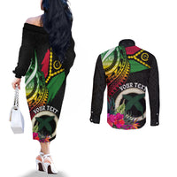 Personalised Vanuatu 44th Anniversary Couples Matching Off The Shoulder Long Sleeve Dress and Long Sleeve Button Shirt Boars Tusk Tugeta Yumi Selebretem Indipendens Dei LT03 - Polynesian Pride