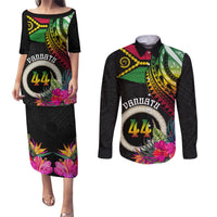 Personalised Vanuatu 44th Anniversary Couples Matching Puletasi and Long Sleeve Button Shirt Boars Tusk Tugeta Yumi Selebretem Indipendens Dei LT03 Black - Polynesian Pride