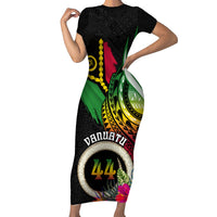 Personalised Vanuatu 44th Anniversary Family Matching Short Sleeve Bodycon Dress and Hawaiian Shirt Boars Tusk Tugeta Yumi Selebretem Indipendens Dei LT03 Mom's Dress Black - Polynesian Pride