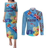 Fiji Day Couples Matching Puletasi and Long Sleeve Button Shirt Tagimoucia Flower and Melanesia Pattern LT03 Blue - Polynesian Pride