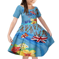 Fiji Day Family Matching Off Shoulder Short Dress and Hawaiian Shirt Tagimoucia Flower and Melanesia Pattern LT03 Daughter's Dress Blue - Polynesian Pride