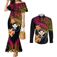 Polynesia Hawaii Turtle Day Couples Matching Mermaid Dress and Long Sleeve Button Shirt Hibiscus and Kanaka Maoli LT03 Black - Polynesian Pride
