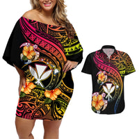 Polynesia Hawaii Turtle Day Couples Matching Off Shoulder Short Dress and Hawaiian Shirt Hibiscus and Kanaka Maoli