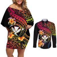 Polynesia Hawaii Turtle Day Couples Matching Off Shoulder Short Dress and Long Sleeve Button Shirt Hibiscus and Kanaka Maoli LT03 Black - Polynesian Pride