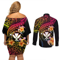 Polynesia Hawaii Turtle Day Couples Matching Off Shoulder Short Dress and Long Sleeve Button Shirt Hibiscus and Kanaka Maoli LT03 - Polynesian Pride