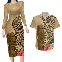 Hawaii Kanaloa Tiki Couples Matching Long Sleeve Bodycon Dress and Hawaiian Shirt Polynesian Tattoo and Tapa Pattern LT03 Beige - Polynesian Pride
