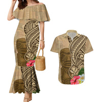 Hawaii Kanaloa Tiki Couples Matching Mermaid Dress and Hawaiian Shirt Polynesian Tattoo and Tapa Pattern LT03 Beige - Polynesian Pride