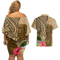 Hawaii Kanaloa Tiki Couples Matching Off Shoulder Short Dress and Hawaiian Shirt Polynesian Tattoo and Tapa Pattern