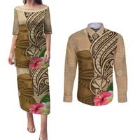 Hawaii Kanaloa Tiki Couples Matching Puletasi and Long Sleeve Button Shirt Polynesian Tattoo and Tapa Pattern