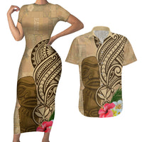 Hawaii Kanaloa Tiki Couples Matching Short Sleeve Bodycon Dress and Hawaiian Shirt Polynesian Tattoo and Tapa Pattern LT03 Beige - Polynesian Pride