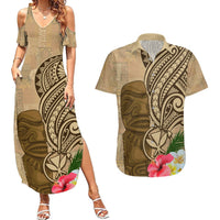 Hawaii Kanaloa Tiki Couples Matching Summer Maxi Dress and Hawaiian Shirt Polynesian Tattoo and Tapa Pattern LT03 Beige - Polynesian Pride