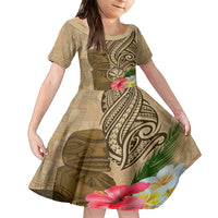 Hawaii Kanaloa Tiki Family Matching Puletasi and Hawaiian Shirt Polynesian Tattoo and Tapa Pattern LT03 Daughter's Dress Beige - Polynesian Pride