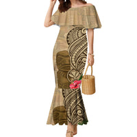 Hawaii Kanaloa Tiki Mermaid Dress Polynesian Tattoo and Tapa Pattern LT03 Women Beige - Polynesian Pride