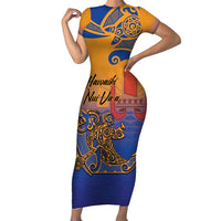 Hawaiki Nui Va'a Solo French Polynesia Family Matching Short Sleeve Bodycon Dress and Hawaiian Shirt Sunset Color LT03 Mom's Dress Yellow - Polynesian Pride