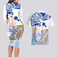 Hawaiki Nui Va'a Solo French Polynesia Couples Matching Long Sleeve Bodycon Dress and Hawaiian Shirt Blue Color