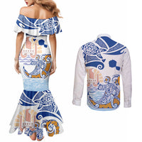 Hawaiki Nui Va'a Solo French Polynesia Couples Matching Mermaid Dress and Long Sleeve Button Shirt Blue Color