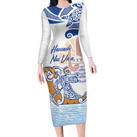 Hawaiki Nui Va'a Solo French Polynesia Family Matching Long Sleeve Bodycon Dress and Hawaiian Shirt Blue Color LT03 Mom's Dress Blue - Polynesian Pride