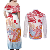 Hawaiki Nui Va'a Solo French Polynesia Couples Matching Off Shoulder Maxi Dress and Long Sleeve Button Shirt Red Color