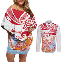 Hawaiki Nui Va'a Solo French Polynesia Couples Matching Off Shoulder Short Dress and Long Sleeve Button Shirt Red Color