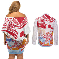 Hawaiki Nui Va'a Solo French Polynesia Couples Matching Off Shoulder Short Dress and Long Sleeve Button Shirt Red Color