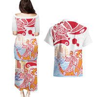 Hawaiki Nui Va'a Solo French Polynesia Couples Matching Puletasi and Hawaiian Shirt Red Color