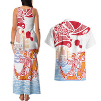 Hawaiki Nui Va'a Solo French Polynesia Couples Matching Tank Maxi Dress and Hawaiian Shirt Red Color