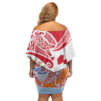 Hawaiki Nui Va'a Solo French Polynesia Family Matching Off Shoulder Short Dress and Hawaiian Shirt Red Color
