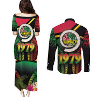Vanuatu Constitution Day Couples Matching Puletasi and Long Sleeve Button Shirt Polynesian Tattoo and Pig Tusk Since 1979