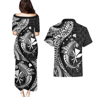 Aloha Hawaii Hammerhead Shark Couples Matching Puletasi and Hawaiian Shirt Black Kakau and Polynesian Tattoo LT03