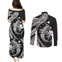 Aloha Hawaii Hammerhead Shark Couples Matching Puletasi and Long Sleeve Button Shirt Black Kakau and Polynesian Tattoo LT03