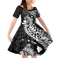 Aloha Hawaii Hammerhead Shark Family Matching Off Shoulder Short Dress and Hawaiian Shirt Black Kakau and Polynesian Tattoo LT03