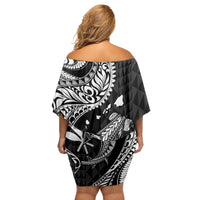Aloha Hawaii Hammerhead Shark Family Matching Off Shoulder Short Dress and Hawaiian Shirt Black Kakau and Polynesian Tattoo LT03