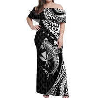 Aloha Hawaii Hammerhead Shark Off Shoulder Maxi Dress Black Kakau and Polynesian Tattoo LT03
