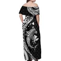 Aloha Hawaii Hammerhead Shark Off Shoulder Maxi Dress Black Kakau and Polynesian Tattoo LT03