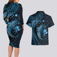 Aloha Hawaii Hammerhead Shark Couples Matching Long Sleeve Bodycon Dress and Hawaiian Shirt Blue Kakau and Polynesian Tattoo LT03