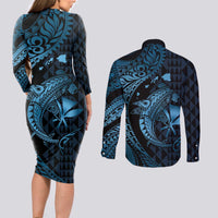 Aloha Hawaii Hammerhead Shark Couples Matching Long Sleeve Bodycon Dress and Long Sleeve Button Shirt Blue Kakau and Polynesian Tattoo LT03
