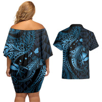 Aloha Hawaii Hammerhead Shark Couples Matching Off Shoulder Short Dress and Hawaiian Shirt Blue Kakau and Polynesian Tattoo LT03