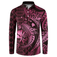 Aloha Hawaii Hammerhead Shark Button Sweatshirt Pink Kakau and Polynesian Tattoo LT03